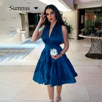 royal blue deep v neck halter midi party dresses sleeveless ruched satin a line short prom dress summer sexy evening gowns