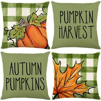 fall pumpkin maple leaves cushion cover 45x45cm linen pillow cover green buffalo check plaid pillowcase thanksgiving decorations