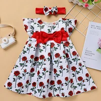 Infant Baby Girls A-Line Princess Flying Sleeves Printed Tutu Dress Baby Girl Themed Birthday Dress With Headband 6M-3Y