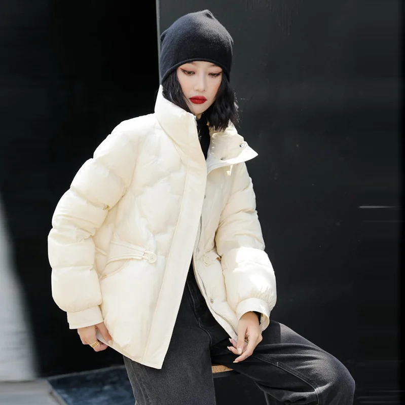 Autumn Winter Diamond Feather Jacket Women Irregular Down Coat Stand Collar White Duck Down Windproof Loose Outwear New M28