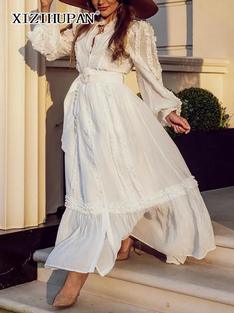 

XIZIHUPAN Patchwork Edible Tree Fungus Dress For Women Stand Collar Long Sleeve Sashes Lace Midi Dresses Female 2022 Clothes New