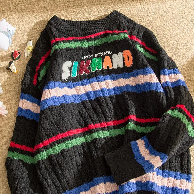 

Sweet Girls Apricot Black Striped Sweater American Letter Embroidery Oversized Casual Pullover Kawaii Clothes Warm Winter Tops