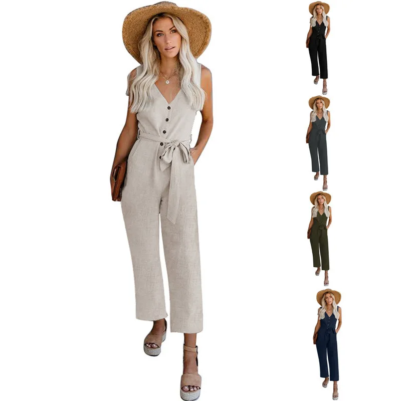 

2022 Summer New Bandage Jumpsuit Solid Color Casual Wide Leg Pants Waist Jumpsuit Ninth Pants SJ198