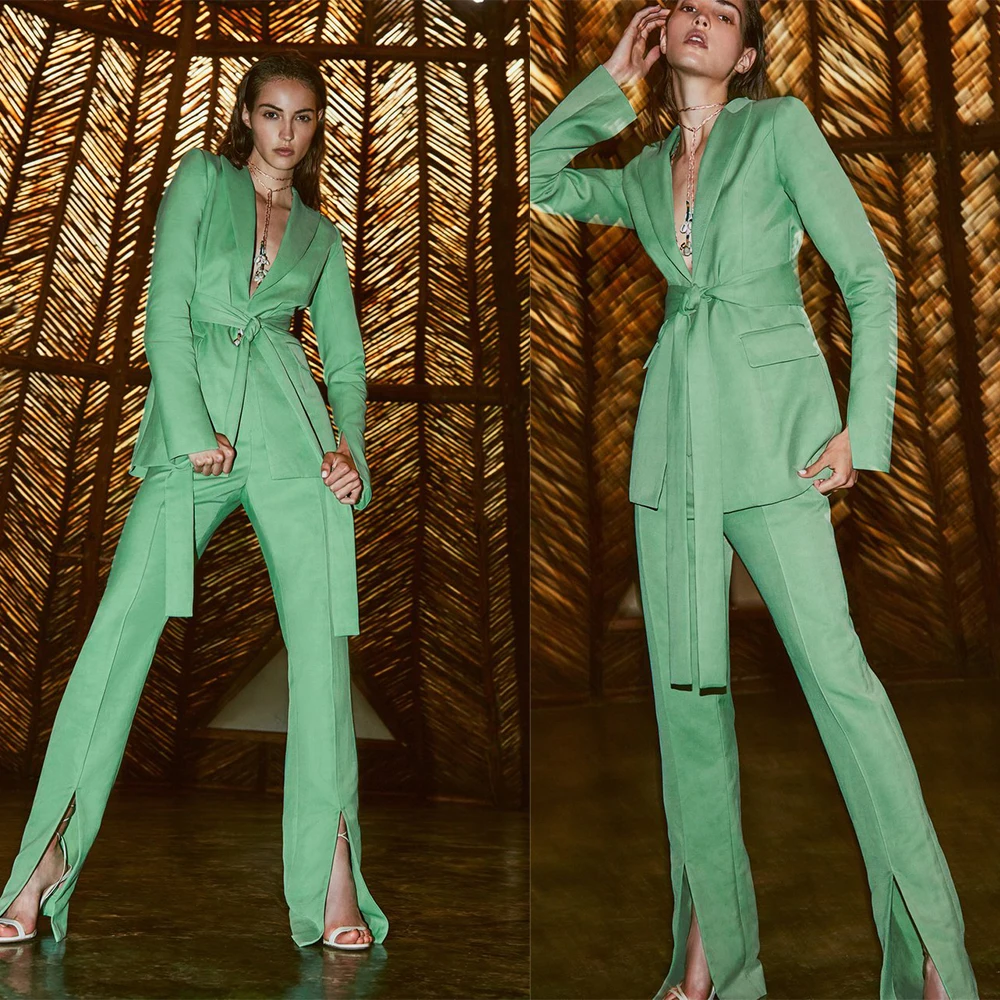 

Mint Green Lady Blazer Suits 2 Pieces Slim Fitted Jacket With Belt Special Designed Wide Leg Pants Custom Made