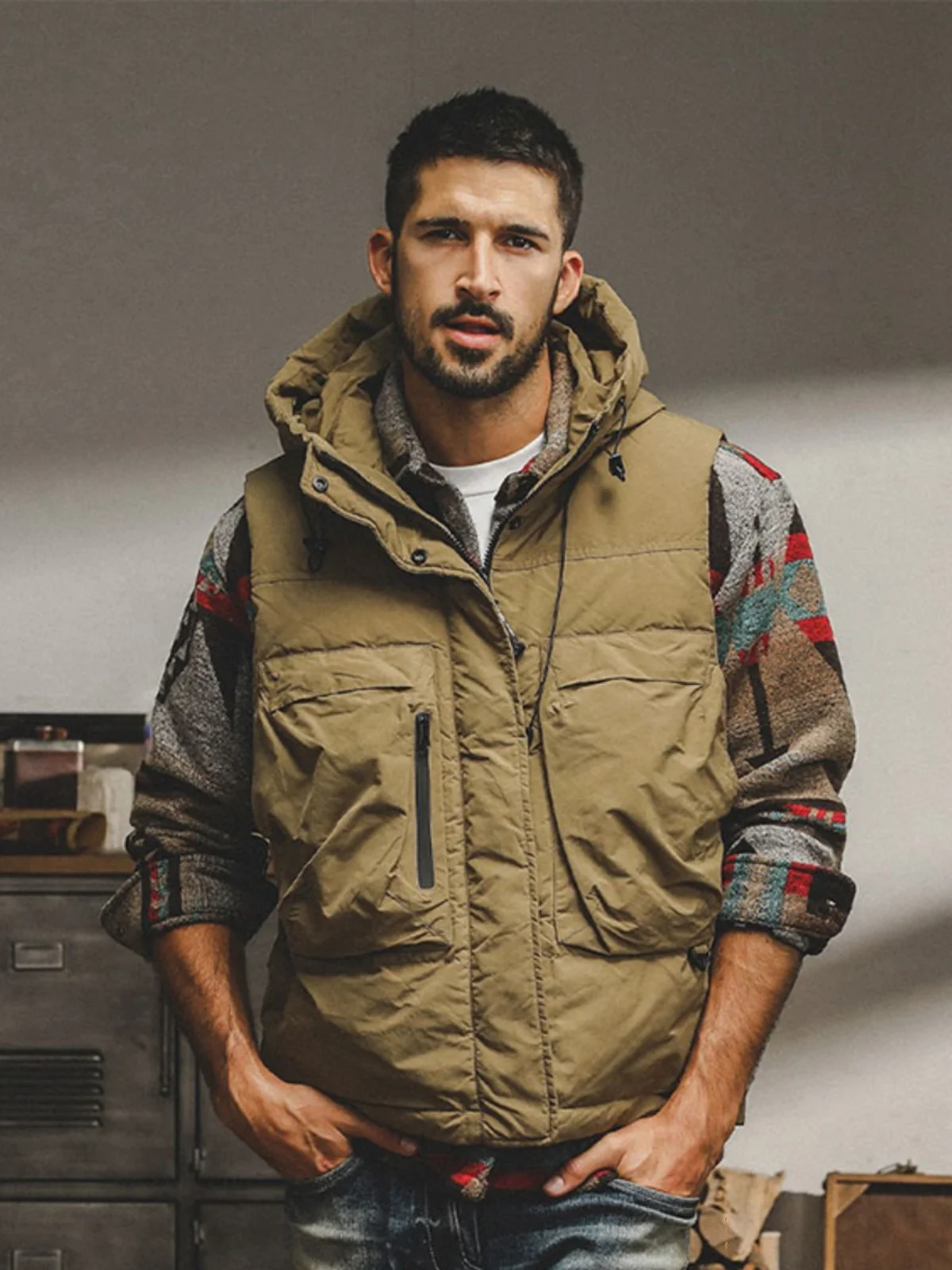 American Outdoor Cargo Vest Men's Amekaji Quilted Outer Wear Cotton-Padded Clothes Thickened Hood Cotton-padded ...