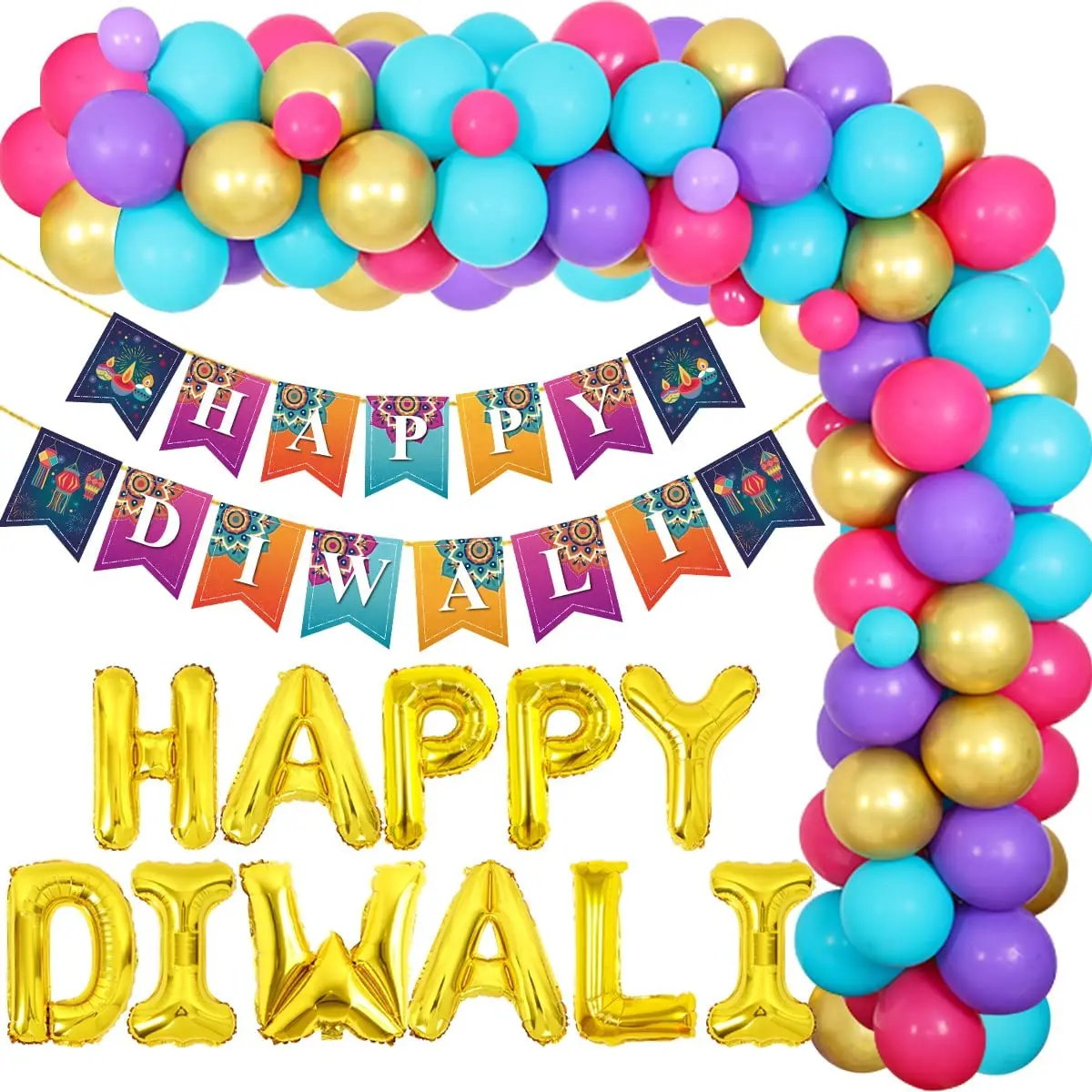 

KREATWOW Diwali Party Decorations Happy Diwali Banner Blue and Purple Balloons Garland Indian Diwali Party Decoration Supplies