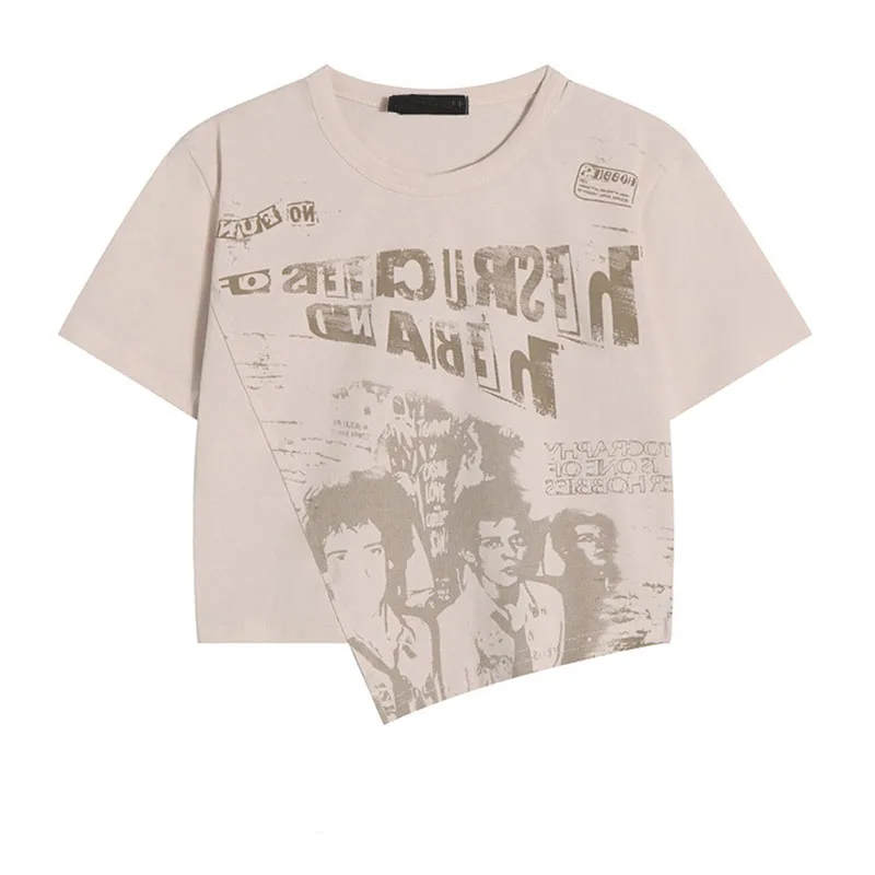 

Vintage Printed Short Sleeve T-shirt Women's Summer Irregular Street Spice Girls Sexy Short Round Neck Top