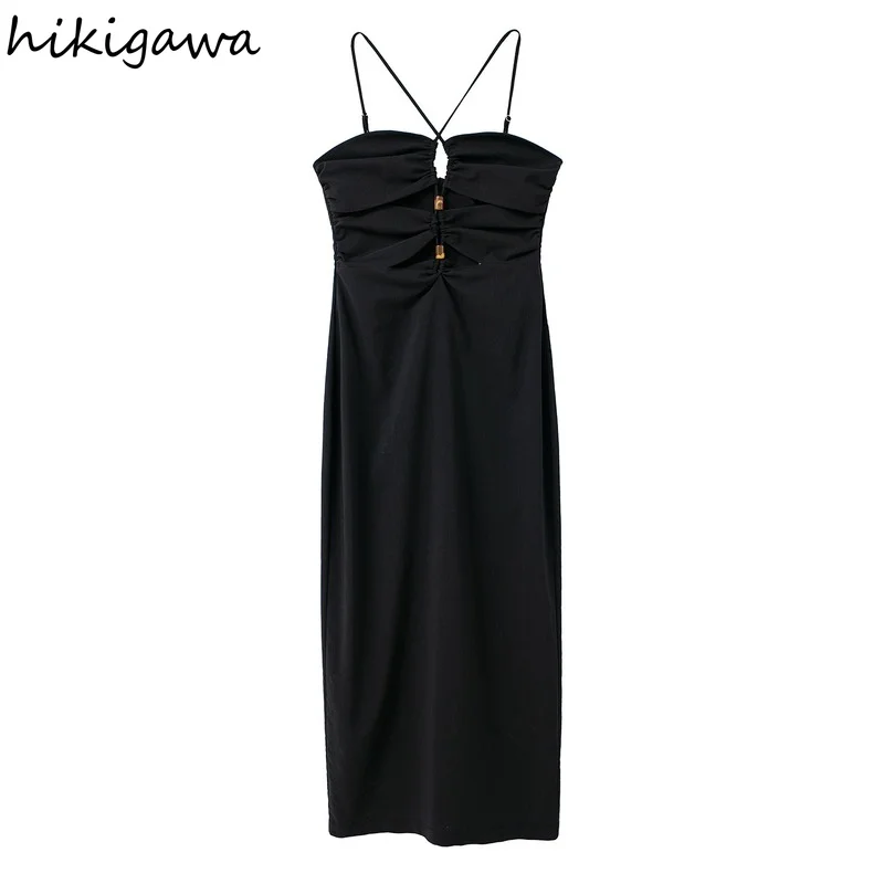 

Hikigawa Chic Fashion Woman Dress Front Open Design Slim Fit Sexy Slip Dresses For Women Vintage Thin Straps Vestidos Mujer