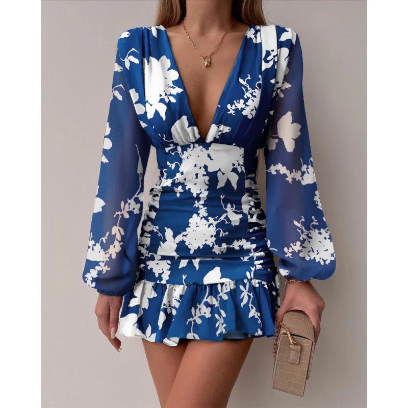 

2022 Midwaist Temperament Commuter Bottom Midskirt Pullover Tight Blue Print Midskirt Dress