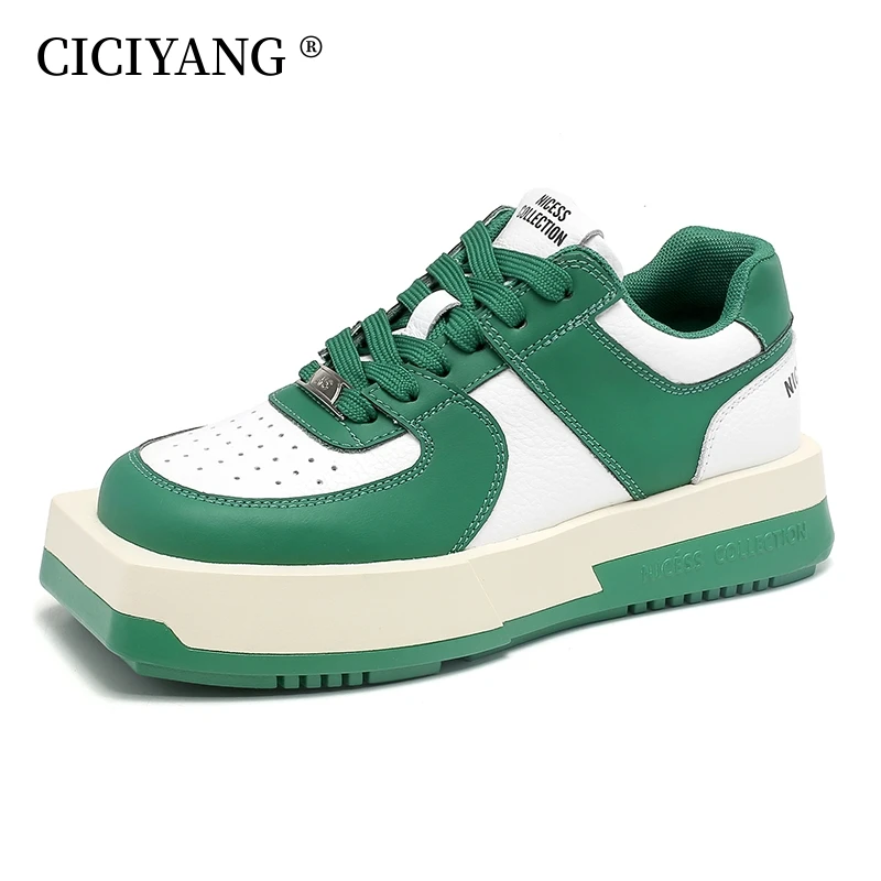 CICIYANG Sneakers Women Genuine Leather 2023 New Spring Shoes Fashion Square Head Girls School Ball Shoes Low-top Couple Shoes