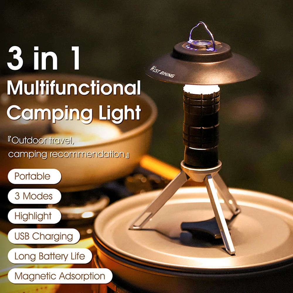 

Outdoor Camping Tent Lantern with Detachable Tripod USB Rechargeable LED Emergency Light Picnic Portable Lamp with Hung Loop