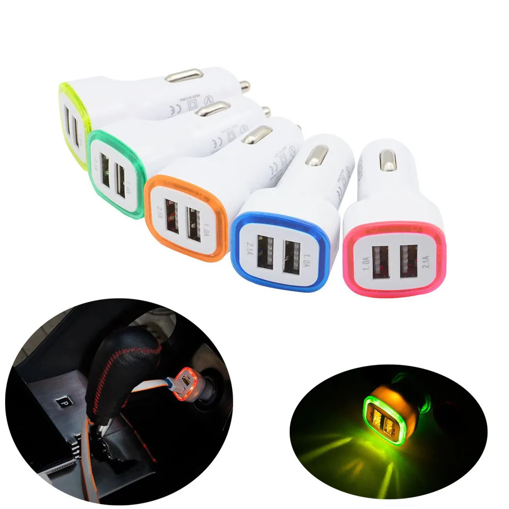 

100pcs 2.1A Dual USB Ports Led Light Car Chargers for iphone 7 8 x samsung s7 s8 s9 android phone gps mp3 pc