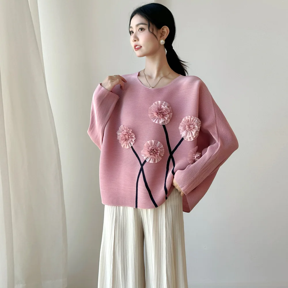 Фото Miyake однотонная плиссированная футболка с круглым вырезом и трехмерным цветочным дизайном, весна 2022, новые универсальные топы с длинными рукавами «летучая мышь» №4
