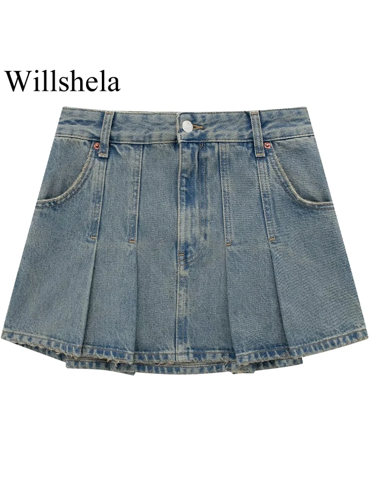 

Willshela Women Fashion Denim Blue Solid Pleated Front Zipper Mini Skirt Vintage High Waist Female Chic Lady Skirt