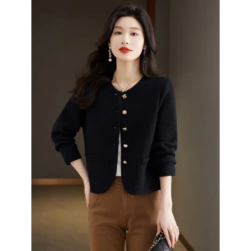 Твидовый стильный женский осенне-зимний вязаный кардиган укороченный