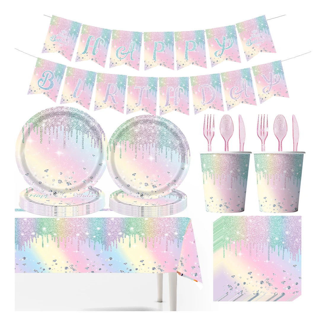 

Macaron Diamond Party Supplies Wedding Supplies Birthday Decoration Girl Paper Plates Cups Napkins Tablecloth Banner Baby Shower