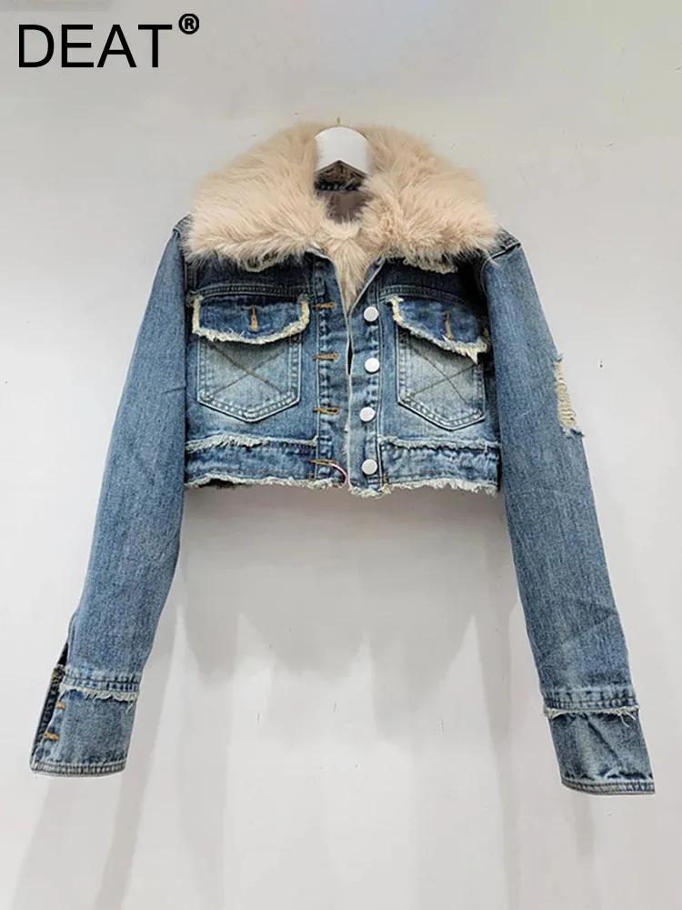 

Женское джинсовое пальто DEAT, утепленная куртка с длинным рукавом и воротником из искусственного меха, с пэчворком, с хлопковой подкладкой, новинка зимы 2023, 29L5084