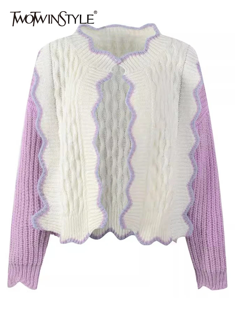 

TWOTWINSTYLE Hit Color Knitting Sweaters For Women O Neck Long Sleeves Loose Temperament Elegant Sweater Female Fashion Clothes