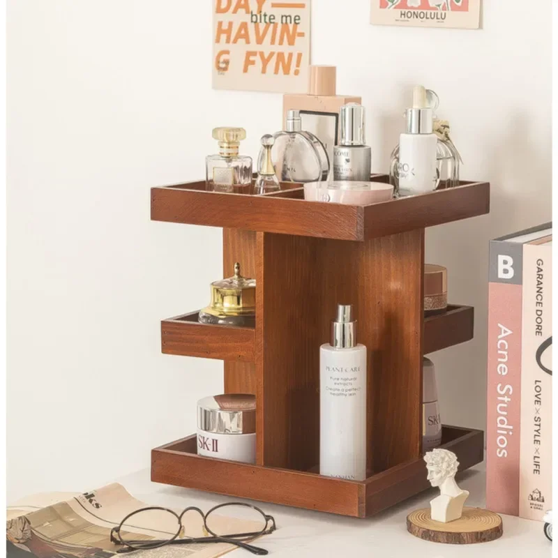 Винтажный деревянный органайзер для макияжа Настольный Вращающийся ящик