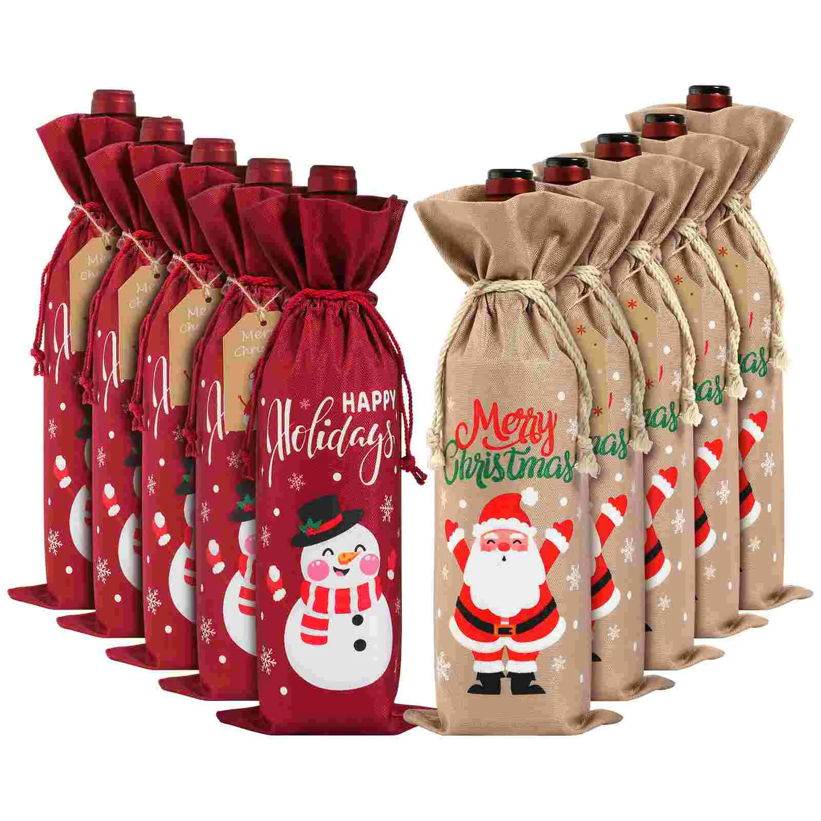 

LUXSHINY 10pcs Bottle Carrier Bags Christmas Gift Bags Burlap Party Favor Bags Drawstring Bags with Tags