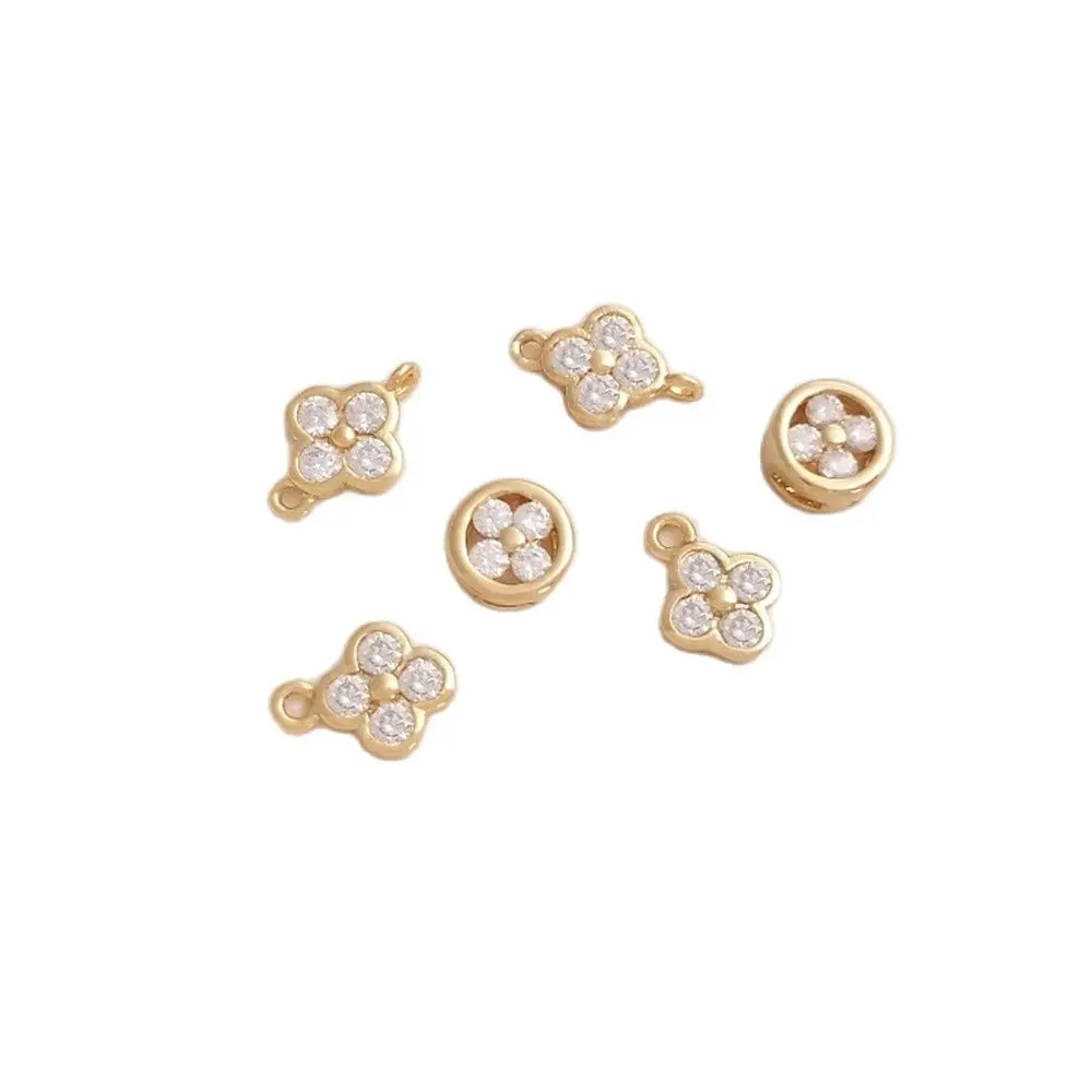 

14K gold zircon four-leaf clover pendant round lucky grass beads diy first jewelry double hanging accessories