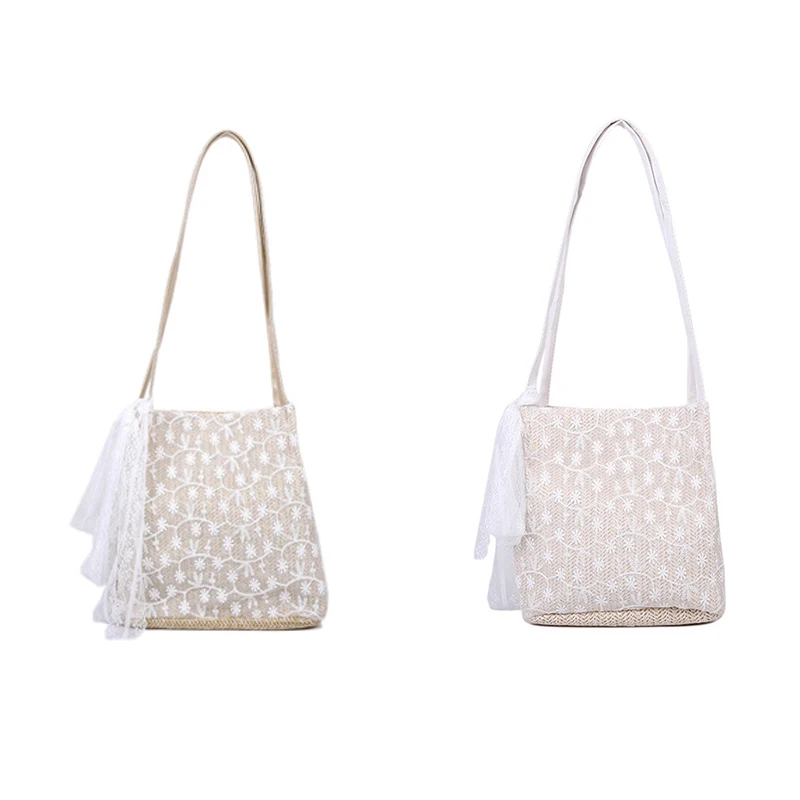 

Lace All-Match Large-Capacity Bucket Hand-Held Woven Straw Woven Female Bag, One-Shoulder Small Fresh Tote Bag