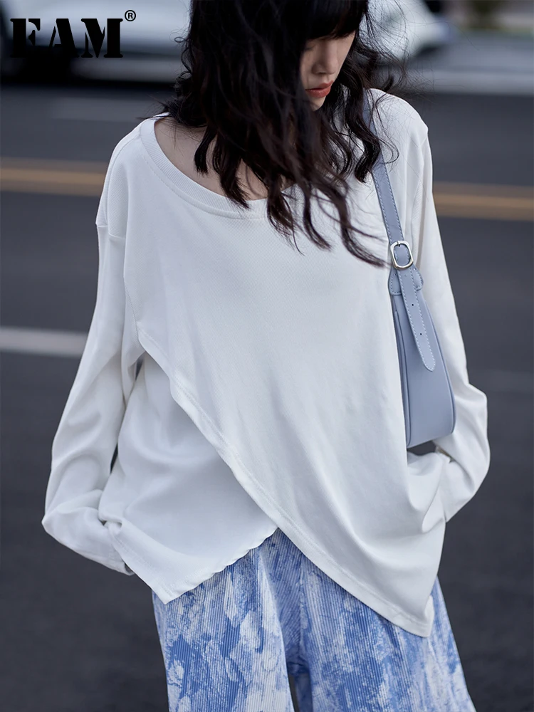 

[EAM] Women White Irregular Casual Big Size Casual T-shirt New Round Neck Long Sleeve Fashion Tide Spring Autumn 2022 1DE8188