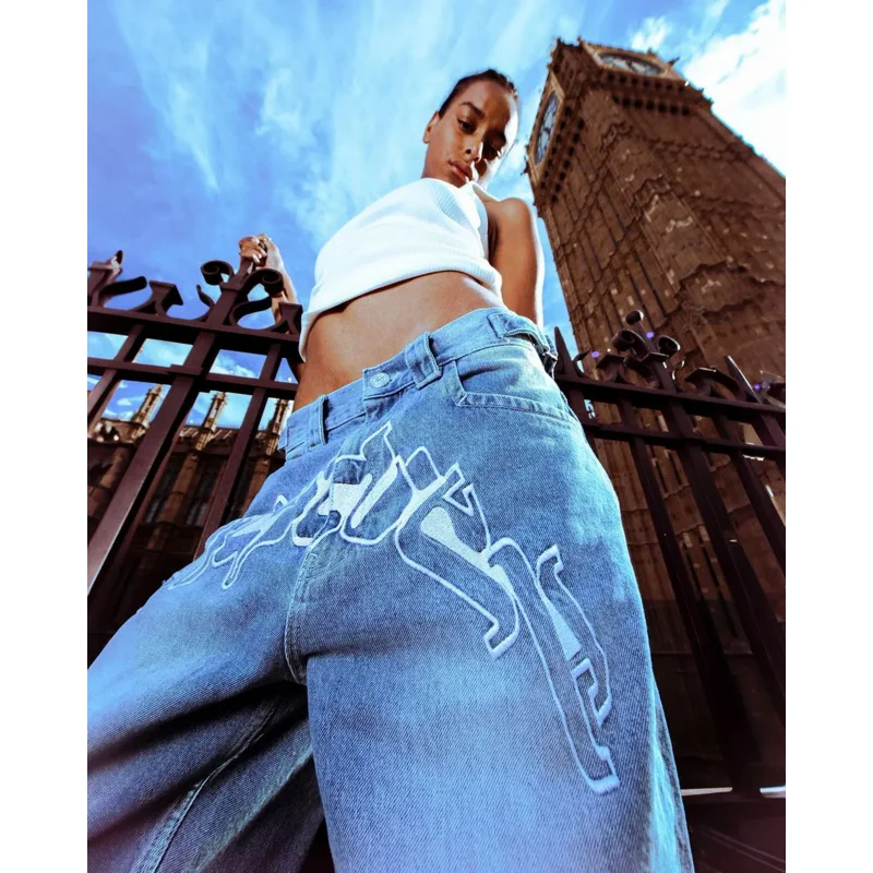 Модные мешковатые синие джинсы Y2K в американском стиле повседневные прямые