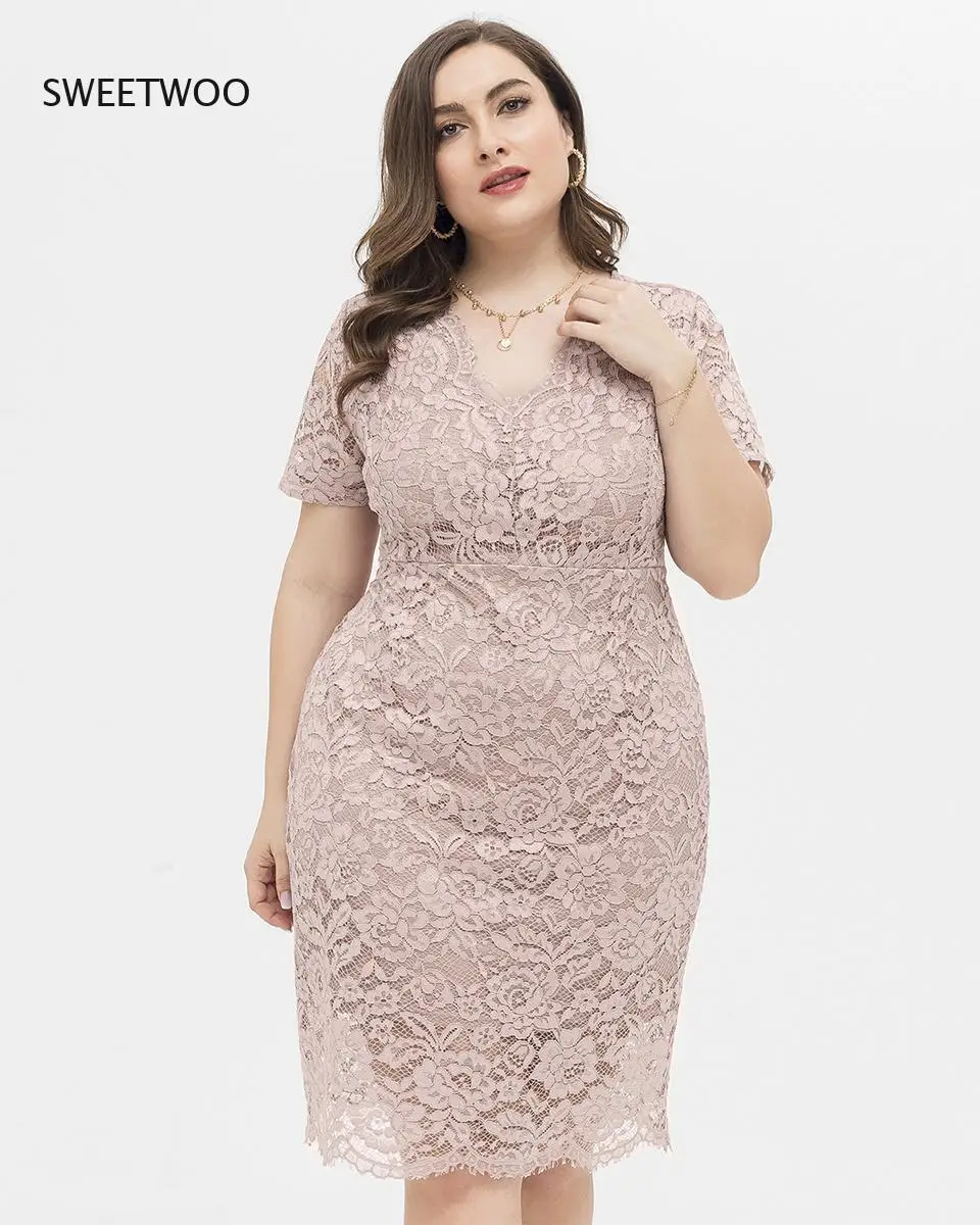 Plus Size Lace Dress Women Elegant Pencil Midi Dress With V Neck Big Size Casual Pink Dresses Short Sleeve Summer Dress XL-XXXXL