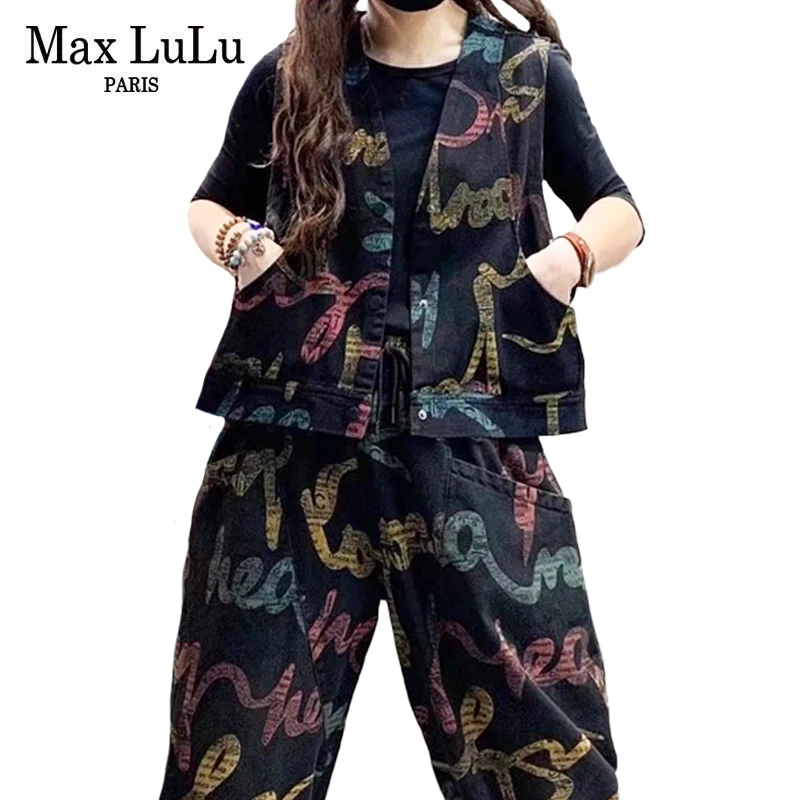 Max LuLu 2022 Spring Womens Letter Design Two Pieces Sets Korean Style Loose Vintage Vest Black Casual Tops Elastic Denim Pants