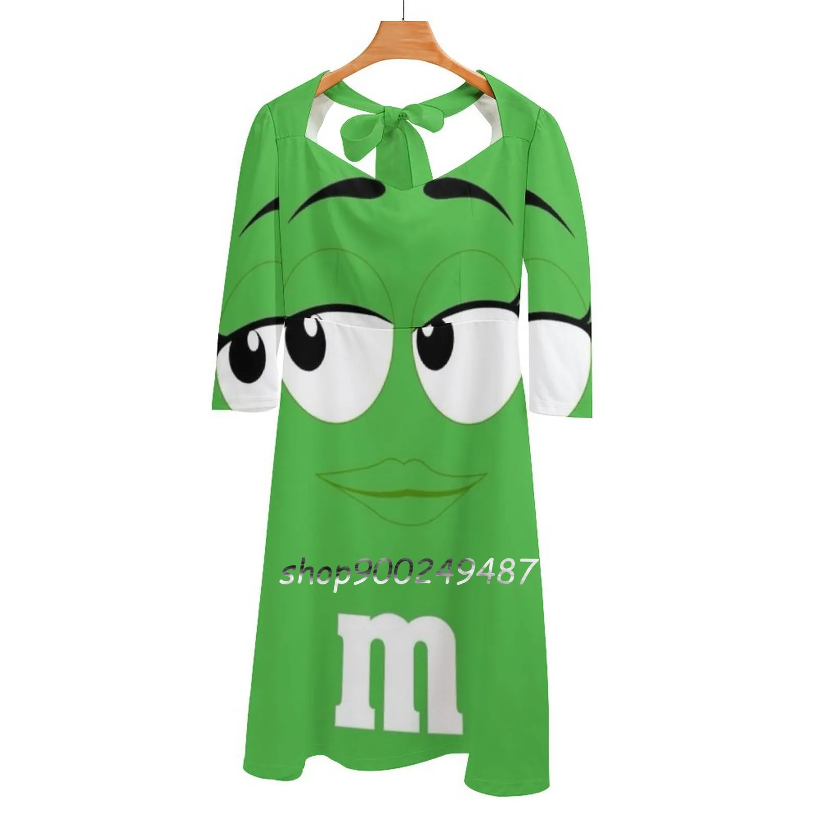 

Зеленое милое элегантное платье M & M с изображением лица, женское корейское милое платье с квадратным вырезом, зеленое лицо M, костюм на Хэлло...