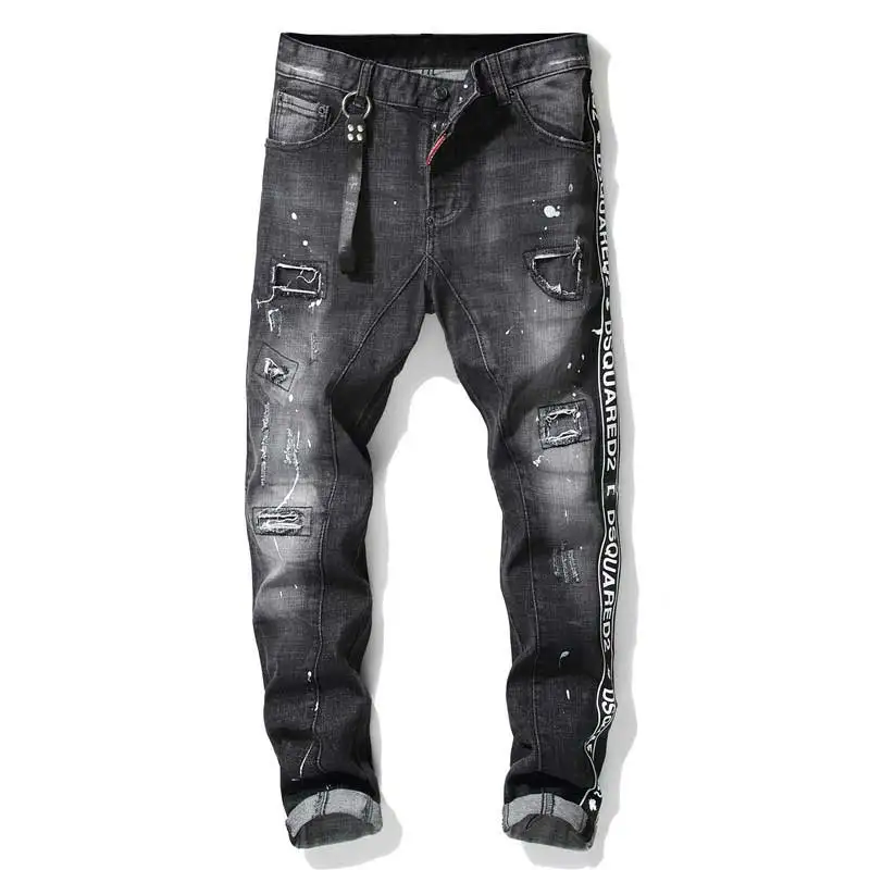 

Letter printing black slim straight jeans men's pants casual ripped jeans men's street youth men's motorcycle Harajuku long deni