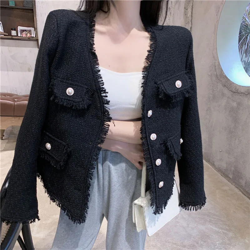Женские твидовые короткие куртки с бахромой элегантные милые шикарные шерстяные
