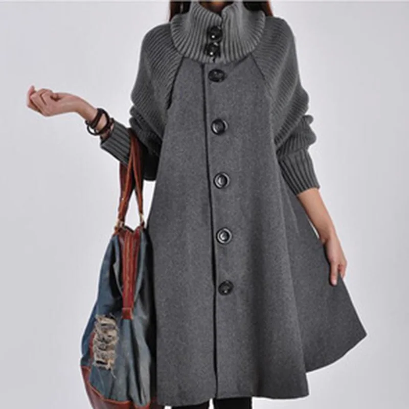 

Новое шерстяное пальто, зимняя накидка, вязаное пальто с длинным рукавом и высоким круглым вырезом, Женская однобортная ветровка на весну и осень