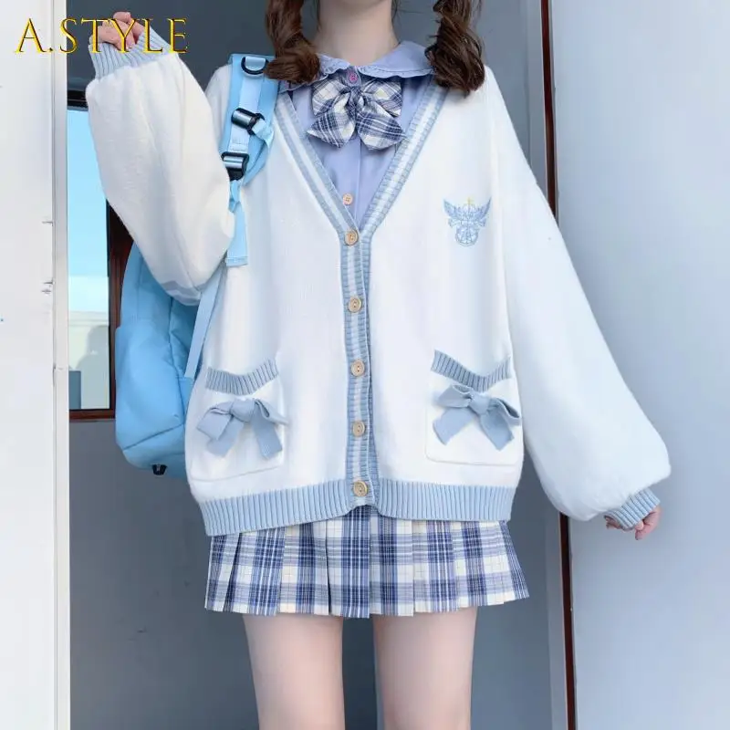 A GIRLS Autumn Sweet Bow Cardigans Women Korean Loose Colorblock Sweater Jacket Kawaii Print Knitted Cardigan  New