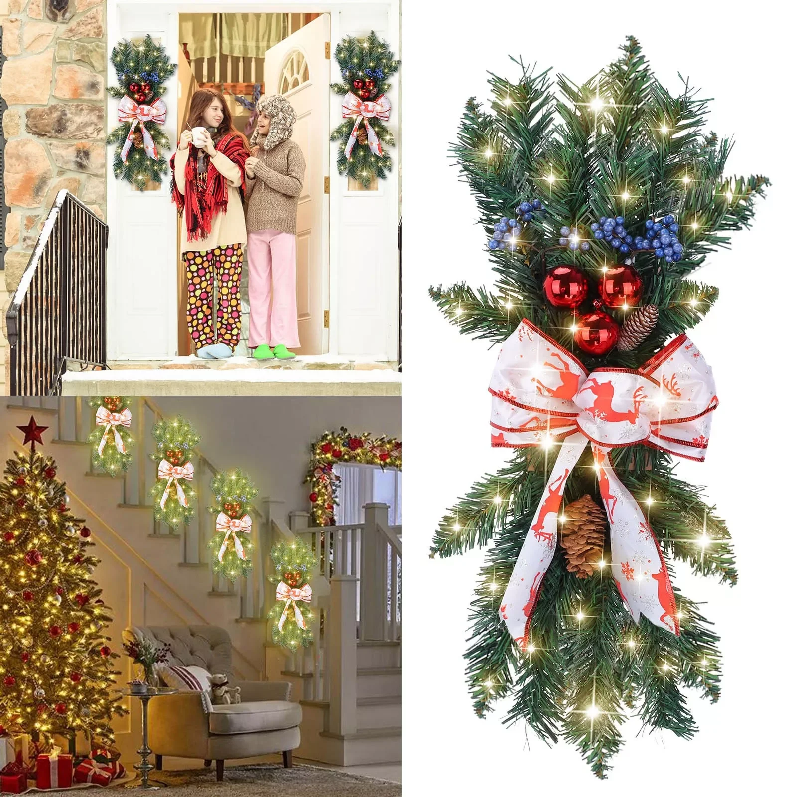 

The Cordless Prelit Stairway Trim Christmas Wreaths For Front Door Holiday Wall Window Hanging Wreath Lights with Timer