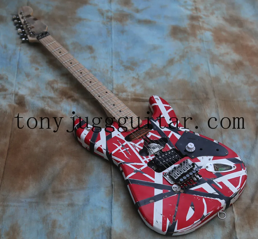 

Heavy Relic Van Halen Black White Stripe Red Franken ST Electric Guitar Floyd Rose Tremolo Bridge, Alder Body, Maple Neck