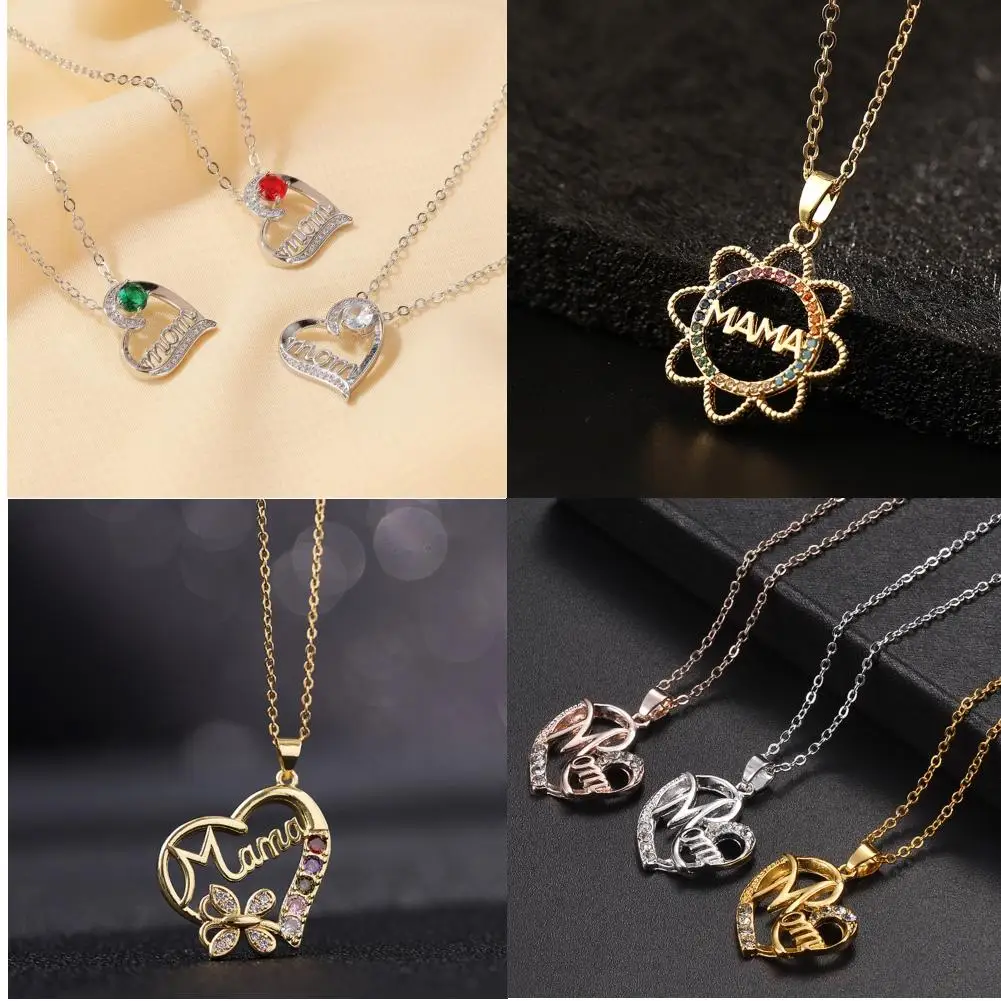 

Luxury Fashion "Mom" Pendant Necklace Red Green Rhinestone Metal Heart MAMA Ladies Anniversary Birthday Mother's Day Gift