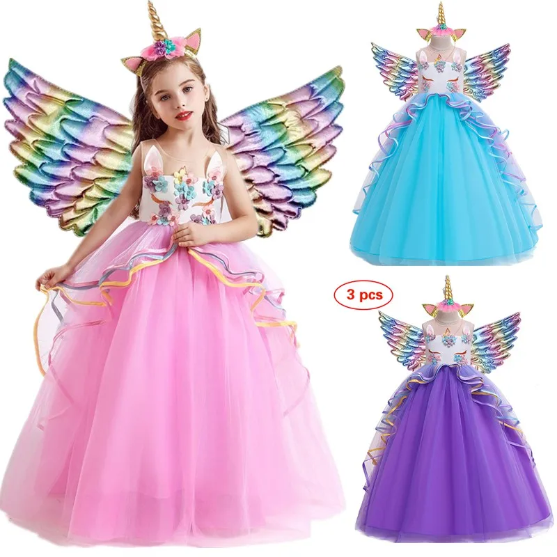

Girls Unicorn Princess Dress Kids Party Rainbow Elegant Dresses Children Wedding Carnival Party Cosplay Costume Prom Gown