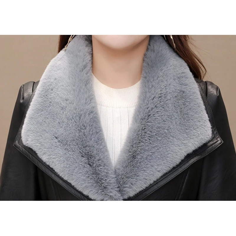 Hot Autumn Winter Women PU Leather Jacket Mid-Long  Thickening Black Jacket Faux Fur-neck Warm Coat Motorcycle Outwear Overcoat images - 6