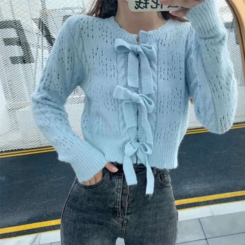 

korean fashion lace up bow tie sweaters kawaii women cardigan sweater mujer sueteres