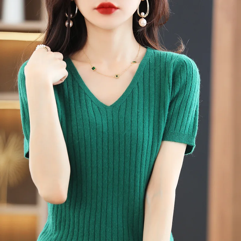2023 Women Sweater Short Sleeve Spring Summer Knitwears Korean Fashion Stripe Pullovers Slim Fit Knit Tops Casual V-neck Jumpers