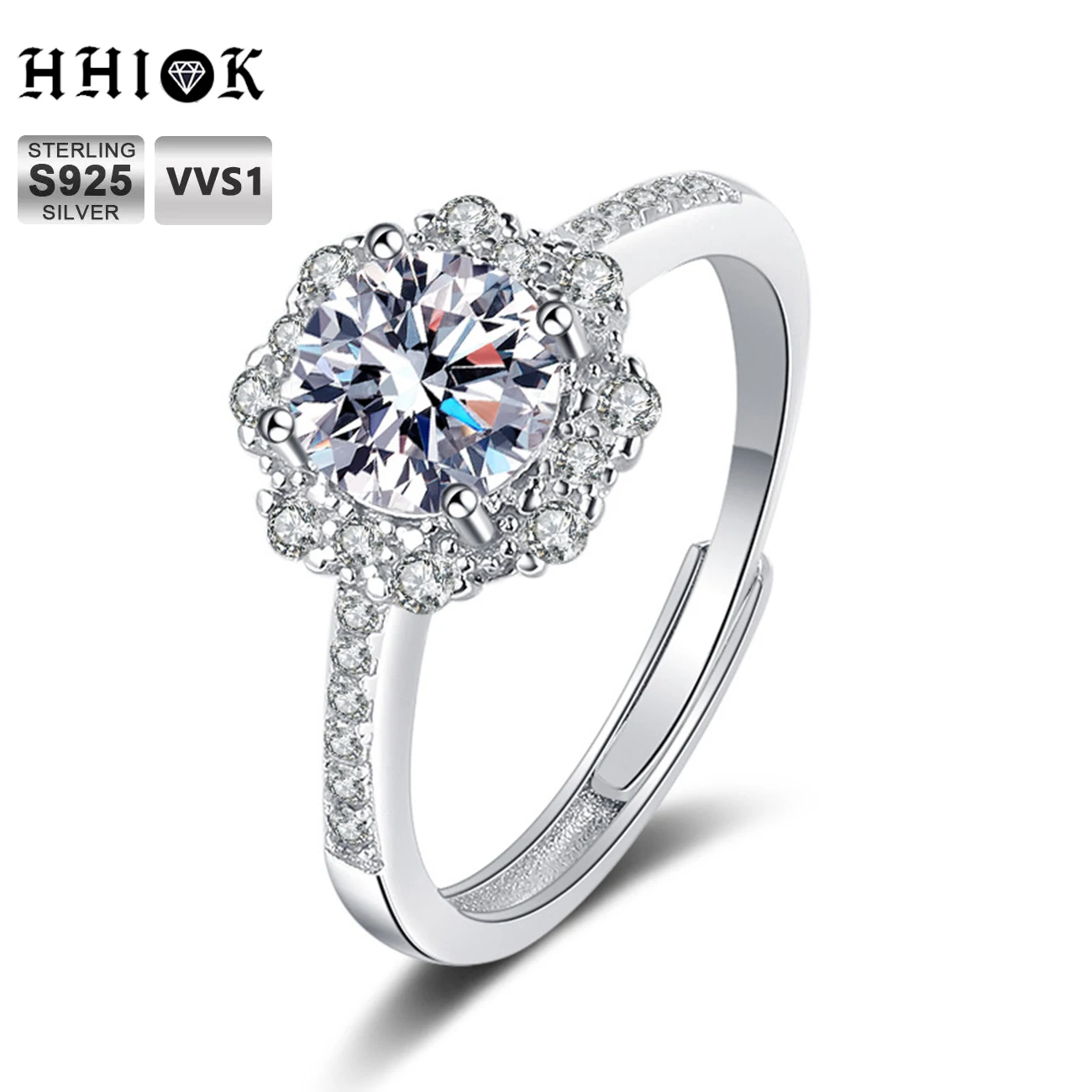 

HHIOK Fashion European And American Luxury Wedding Flower Sterling Silver 925 Female Ring 1 Carat Moissanite Ring Jewelry Women
