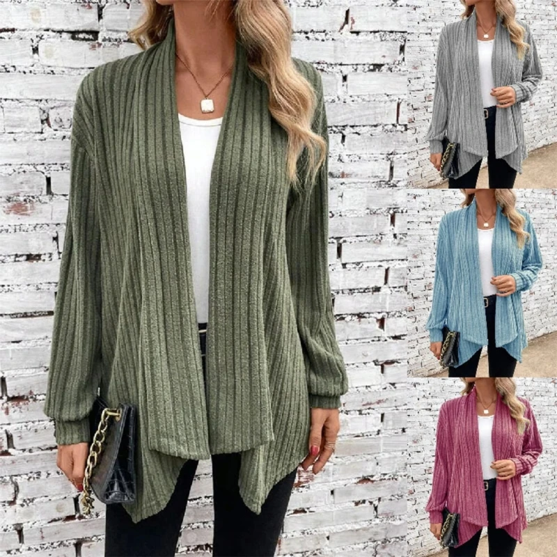 

Elegant Ladies' Lightweight Sweater with Open Front Style Ribbed Knit Cardigan