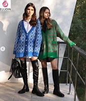 elijoin2021 autumn long sleeve round neck geometric pattern wool top womens v neck cardigan jacquard long sweater