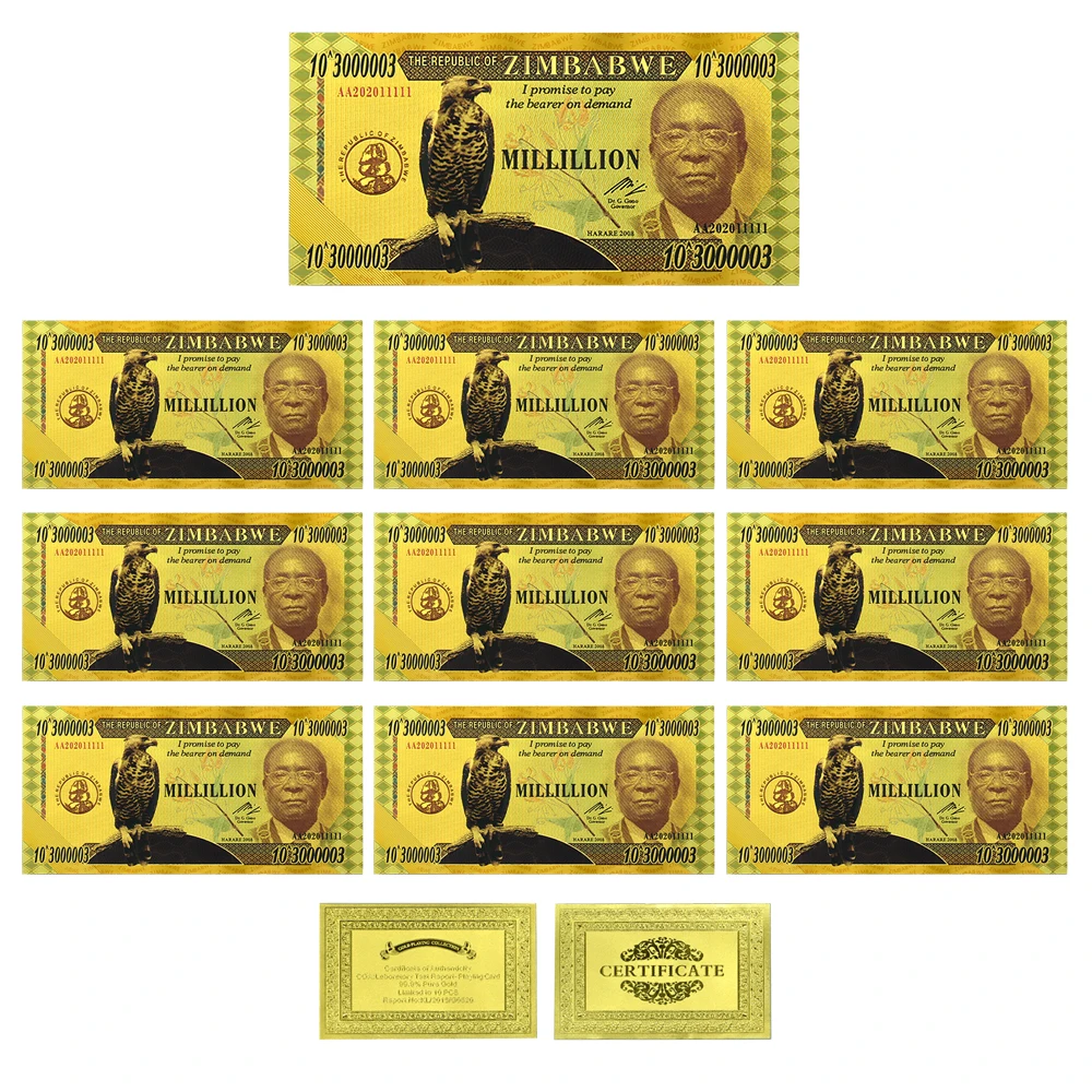 

10pcs/lot Zimbabwe Millillion Dollars Gold Foil Banknotes Zimbabwe Eagle Commemorative Banknotes Worth To Collect Friend Gifts