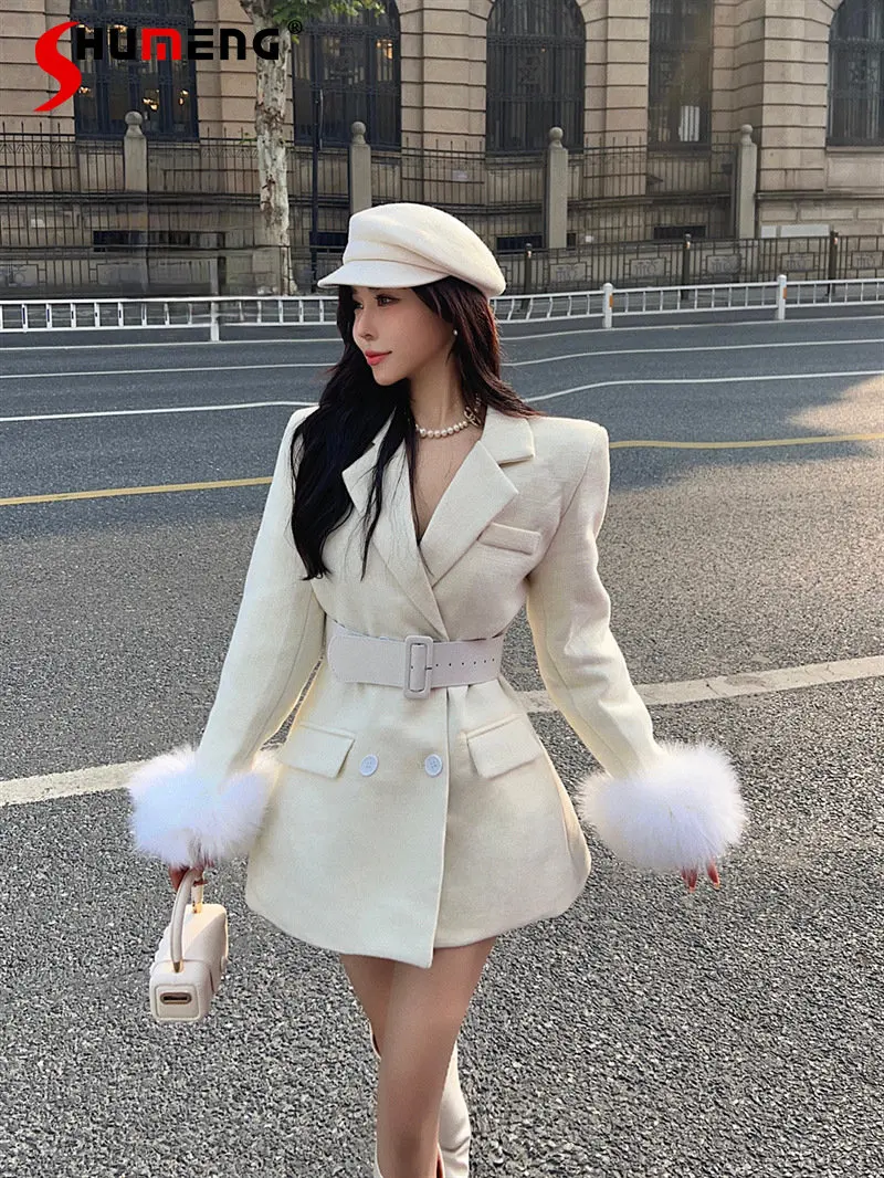 

Elegant Fashion Quilted Woolen Coat Waist Slimming Furry Patchwork Sleeves Women's Autumn and Winter Mid-length Coat with Belt