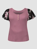 finjani floral print button front tee plus size chiffon short sleeves crew neck summer womens tops