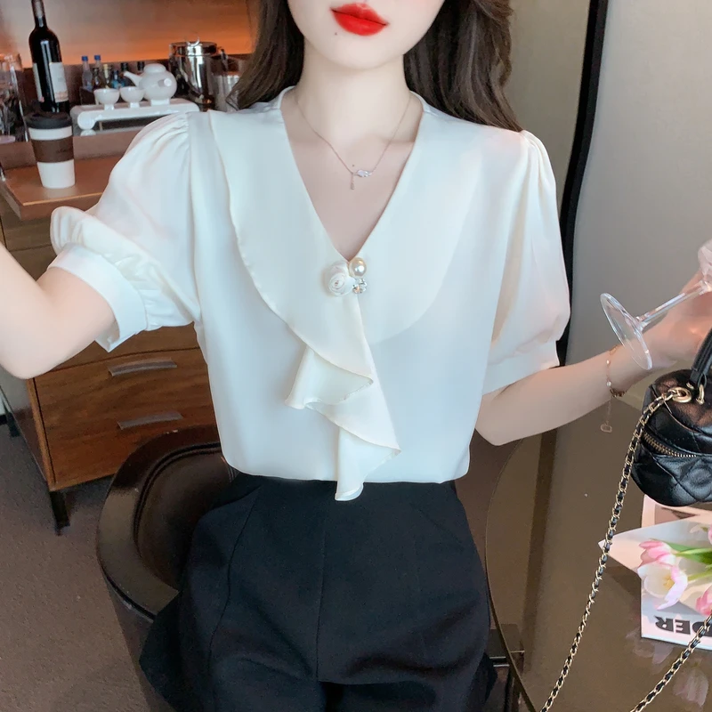 

Summer Women's Short Sleeve V-Neck French Bubble Sleeve Ruffled Solid Chiffon Shirt Womens Tops Blouse Women Blusas Mujer C738