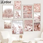 Настенный постер в скандинавском стиле с изображением розовых цветов, деревьев и растений, художественный принт, пейзаж на холсте, современные картины, гостиная, домашний декор